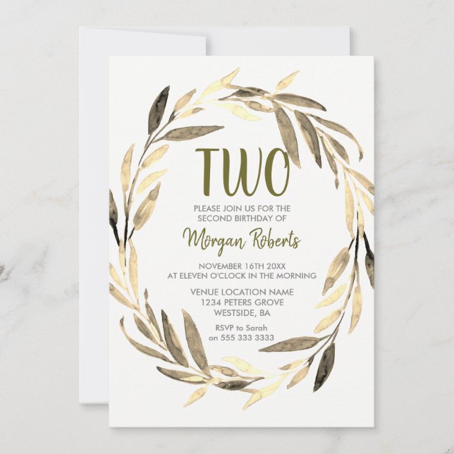 Convite Ouro Leaf Wreath segundo aniversário Boy ou Girl I (Frente)