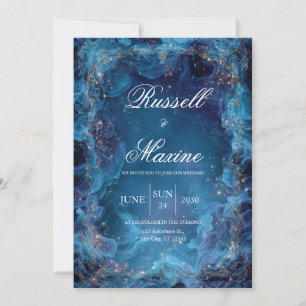 Convite Ouro Líquido Celestial Fumaça Azul Casamento de In