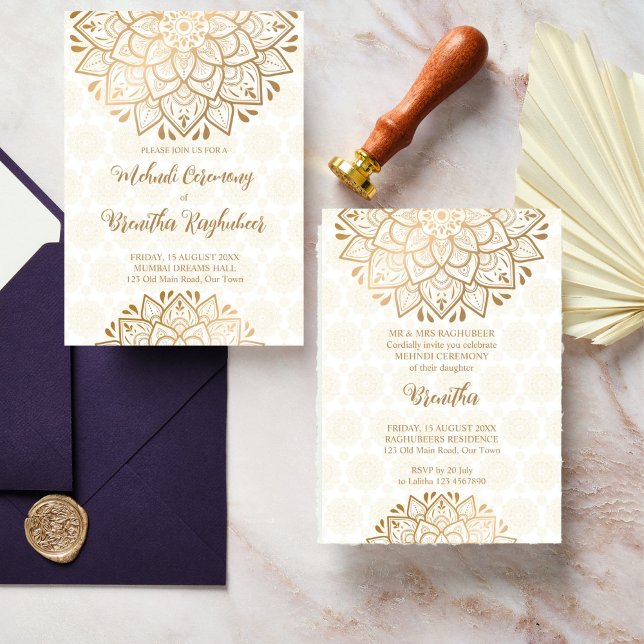 Convite Ouro mandala Mehndi (Golden mandala Mehndi Indian Wedding Invitation editable template instant digital download)