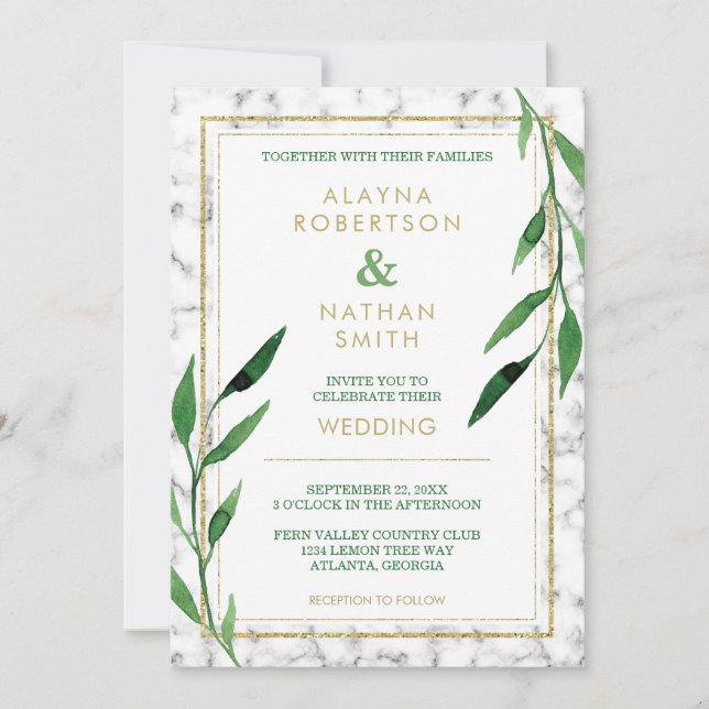 Convite Ouro Marble Wedding Invitation, Greenery (Frente)