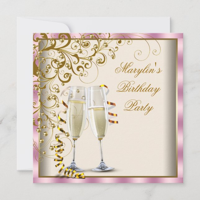 Convite Ouro Marfim Mulher Rosa Ouro Creme Aniversário (Frente)
