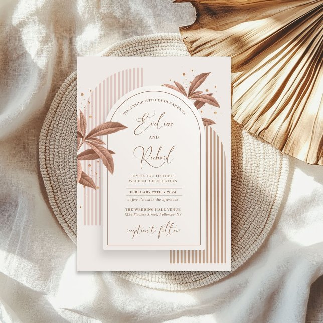 Convite Ouro marrom-impermeável folha-de-ouro (Elegant watercolor brown leaves boho arch gold invitation)