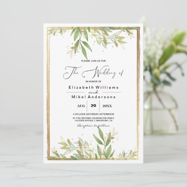 Convite Ouro Moderno Greenery & Classic Border casamento  (Em pé/Frente)