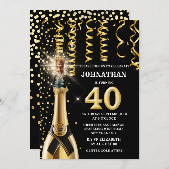 Convite Ouro negro de ouro espumante de 40 marcos (Frente/Verso)