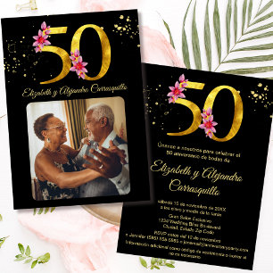Convite Ouro Negro Espanhol Foto Floral 50º Aniversário