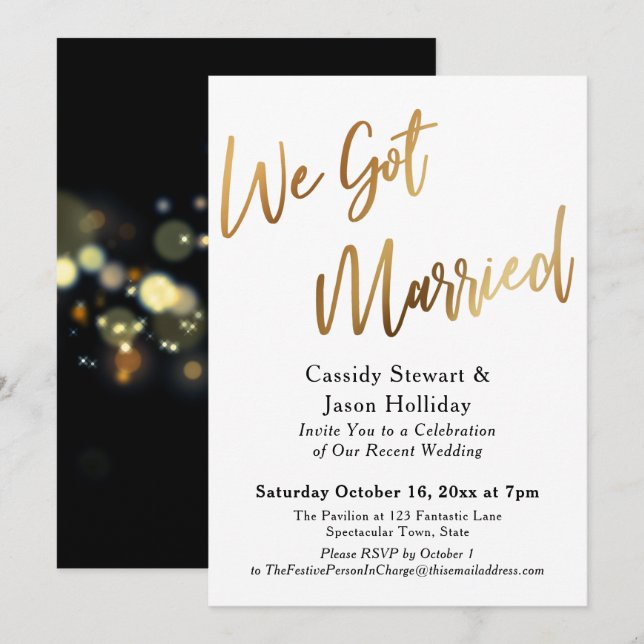 Convite Ouro Nós Casamos Bokeh Preto Costas Recepção (Frente/Verso)