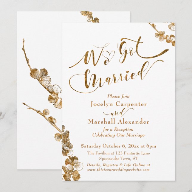 Convite Ouro Nós Casamos com Botânicos em Branco (Frente/Verso)