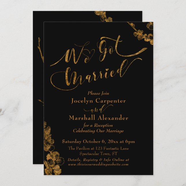 Convite Ouro Nós nos Casamos com Botânicos em Preto (Frente/Verso)