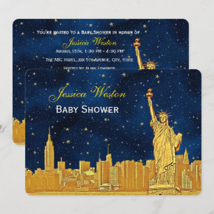 Convite Ouro NYC Skyline #2 Estrela Azul H Chá de Bebê