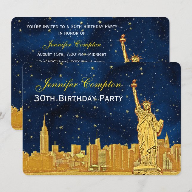 Convite Ouro NYC Skyline #2 Etch Azul Estrela BG H Anivers (Frente/Verso)
