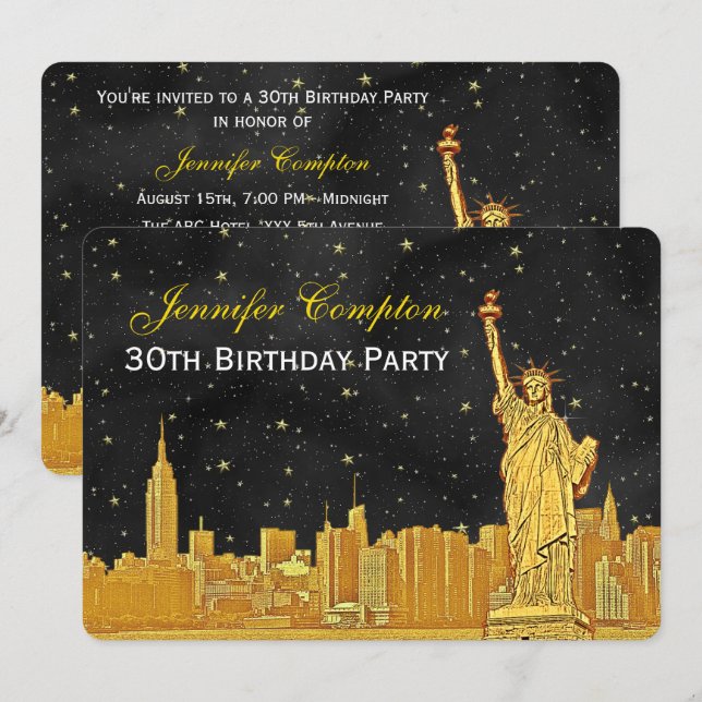 Convite Ouro NYC Skyline #2 Etch Blk Starry BG H Aniversár (Frente/Verso)