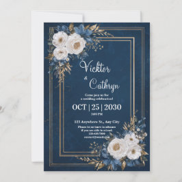 Convite Ouro Opulento Azul Marinho Branco Rosa Floral Casa