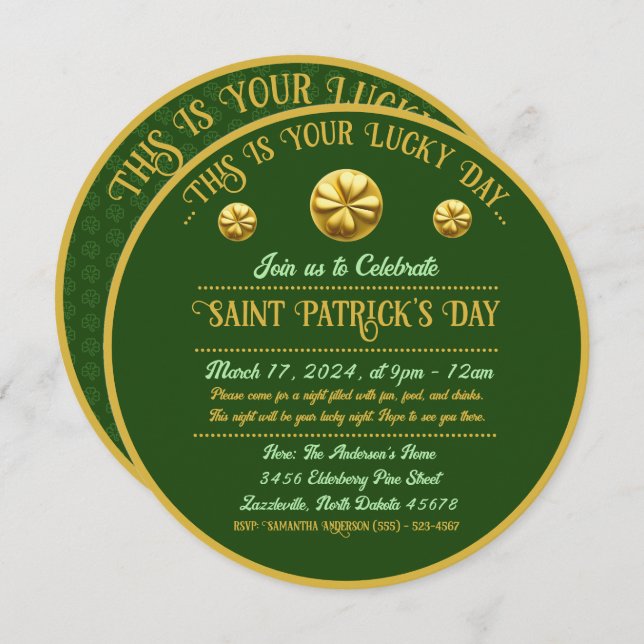 Convite Ouro personalizado Rua Shamrock. Dia de Patrick (Frente/Verso)
