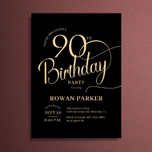 Convite Ouro Preto Aniversário de 90 anos Elegante Script