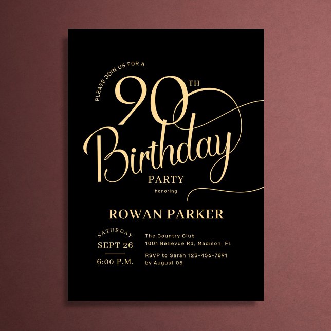 Convite Ouro Preto Aniversário de 90 anos Elegante Script (Criador carregado)