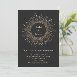 Convite Ouro Preto Art Deco Explosão de Sol Casamento Glam