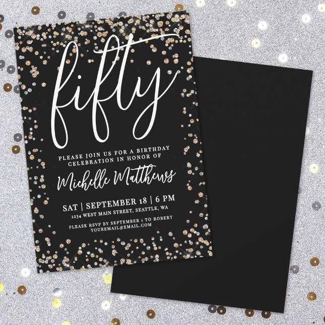 Convite Ouro Preto Brilho 50º Aniversário (Black Gold Glitter 50th Birthday Invitation)