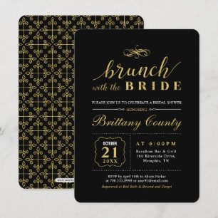 Convite Ouro & Preto   Brunch de Noiva de Casamento Elegan