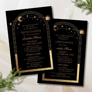 Convite Ouro Preto Celestial Quinceañera Bilíngue