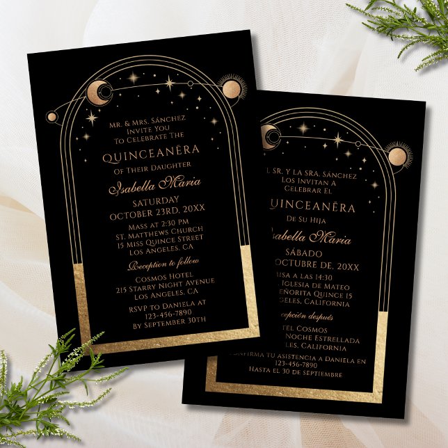 Convite Ouro Preto Celestial Quinceañera Bilíngue (Criador carregado)