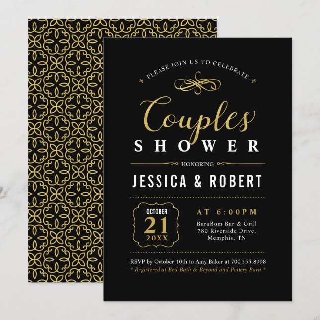 Convite Ouro & Preto | Churrasco de Casamento de Casais El (Frente/Verso)