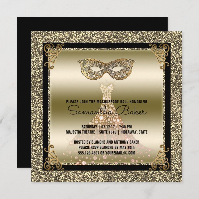 Convite Ouro preto do doce dezesseis do mascarada | do (Frente/Verso)