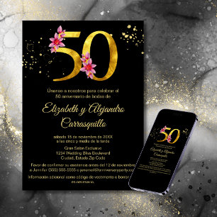 Convite Ouro Preto Espanhol Floral Rosa 50º Aniversário