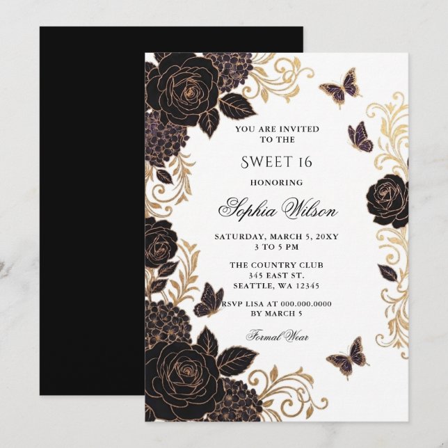 Convite Ouro Preto Floral Borboleta Doce 16 (Frente/Verso)