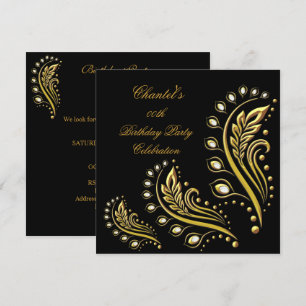 Convite Ouro Preto Floral de Aniversário Elegante para Qua
