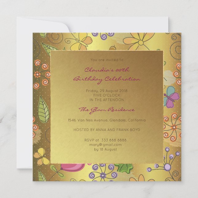Convite Ouro preto floral do aniversário do evento do (Frente)