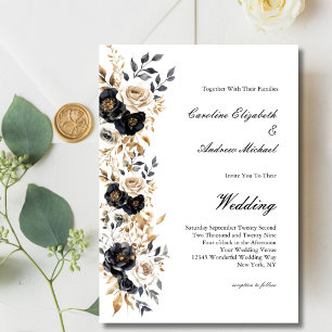 Convite Ouro Preto Floral Elegante Casamento Aquarela
