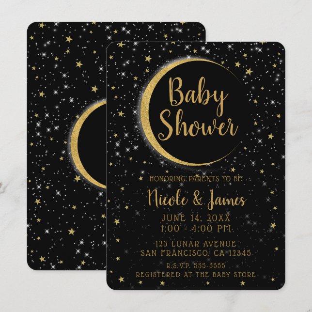 Convite Ouro Preto Lua Celestial Magia Estrelas Chá de Beb (Frente/Verso)