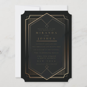 Convite Ouro Preto Luxo Elegante Casamento Art Déco