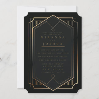 Convite Ouro Preto Luxo Elegante Casamento Art Déco