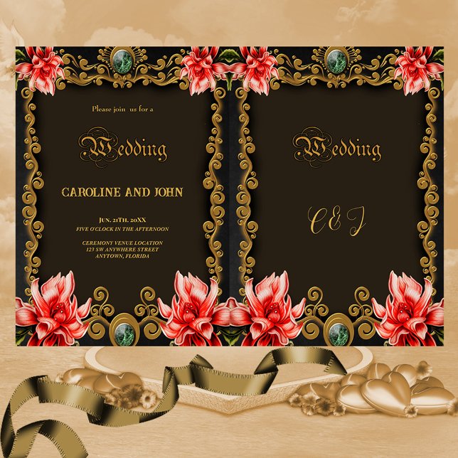 Convite Ouro real e design floral vermelho (elegant golden floral design)