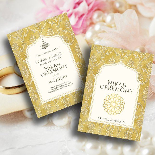 Convite Ouro Real Islâmico Damask Muslim Nikah Wedding (Criador carregado)