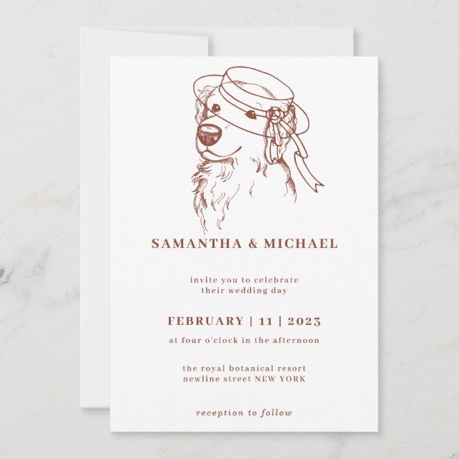 Convite Ouro Retriever com chapéu de noiva (Frente)