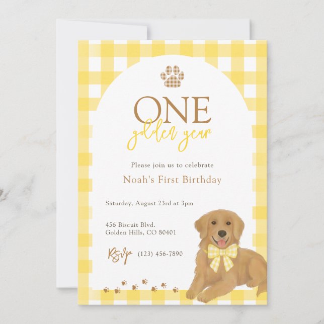 Convite Ouro Retriever Yellow Gingham Primeiro Aniversário (Frente)