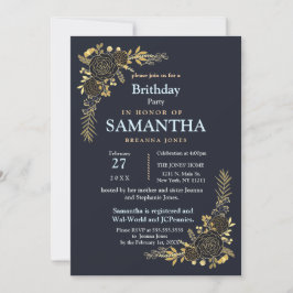 Convite Ouro Românico Marinho Floral  Azul planejador aniv