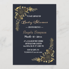 Convite Ouro Romântico Marinho Floral Azul chá