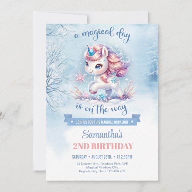 Convite Ouro rosa de aquarela branca e monocórnio azul (Frente)