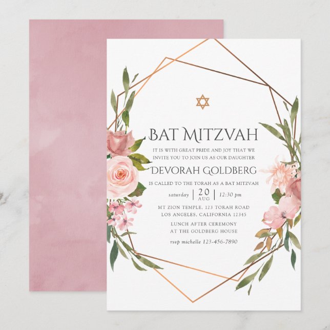 Convite Ouro Rosa e Flor de Bat Mitzvah Rosa Bege (Frente/Verso)
