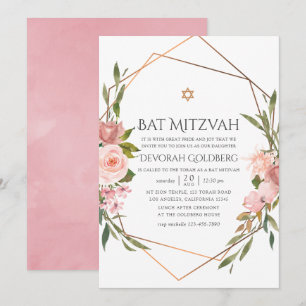 Convite Ouro Rosa e Flor de Bat Mitzvah Rosa Bege