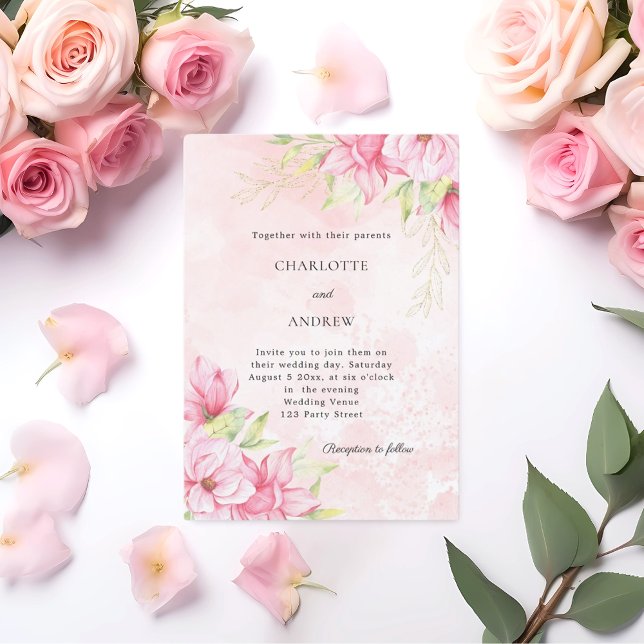 Convite Ouro rosa floral elegante casamento (Criador carregado)