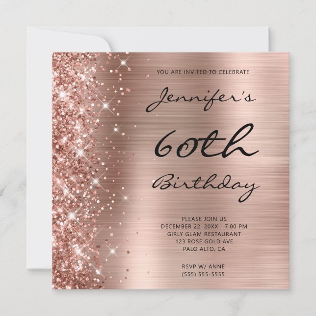 Convite Ouro Rosa Foil Ombre Esquerdo Brilho Aniversário d (Frente)