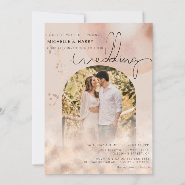 Convite Ouro Rosa Moderno | Casamento com Foto em Arco (Frente)
