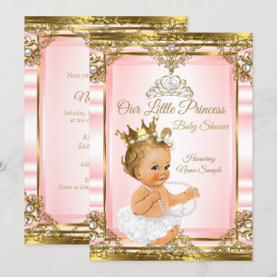 Convite Ouro Rosa Pérola Branca Princesa Baby Shower Loira
