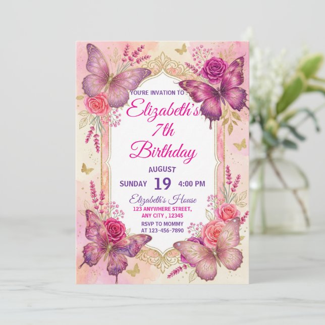 Convite Ouro rosa roxo elegante borboleta menina aniversár (Em pé/Frente)