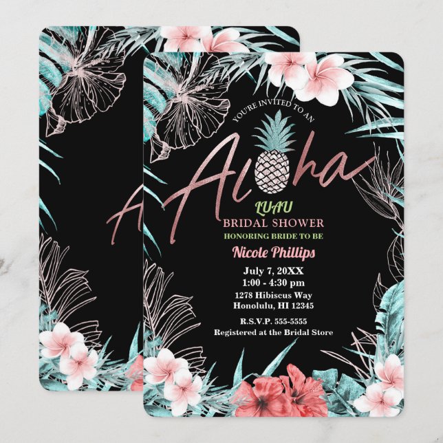 Convite Ouro Rosa Tropical Abacaxi Botânico Luau Havaiano (Frente/Verso)