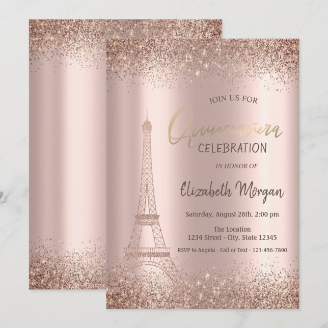 Convite Ouro Rosado Brilho Eiffel Confete Quinceañera (Frente/Verso)